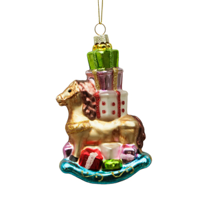 Christmas decoration, glass horse with gifts on the back, glass toys KMT81042