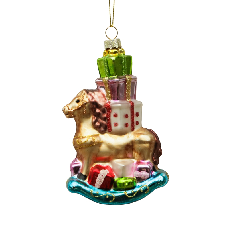 Christmas decoration, glass horse with gifts on the back, glass toys KMT81042