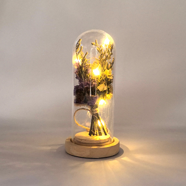 Glass bottle with dried flowers, glass decorations, glass dome with flower KML81010